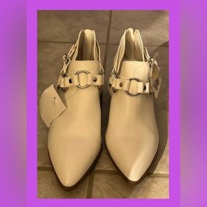 Womens Cream Pointed Toe Ankle Boots with Silver Ring Detail
